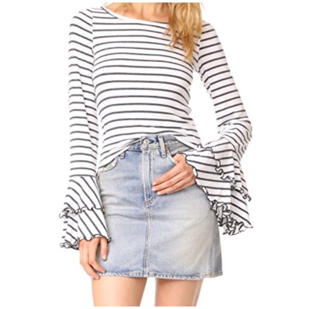 WE THE FREE Good Find Bell Sleeve Gray Striped Round Neck Blouse